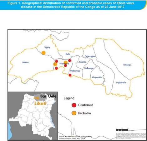 2017年6月26日刚果（金）埃博拉出血热确诊及疑似病例地理分布
